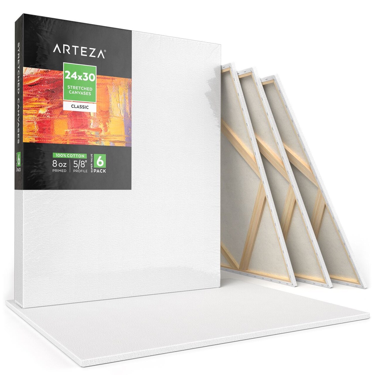 Arteza Stretched Canvas, Classic, White, 24"x30", Large Blank Canvas Boards for Painting - 6 Pack